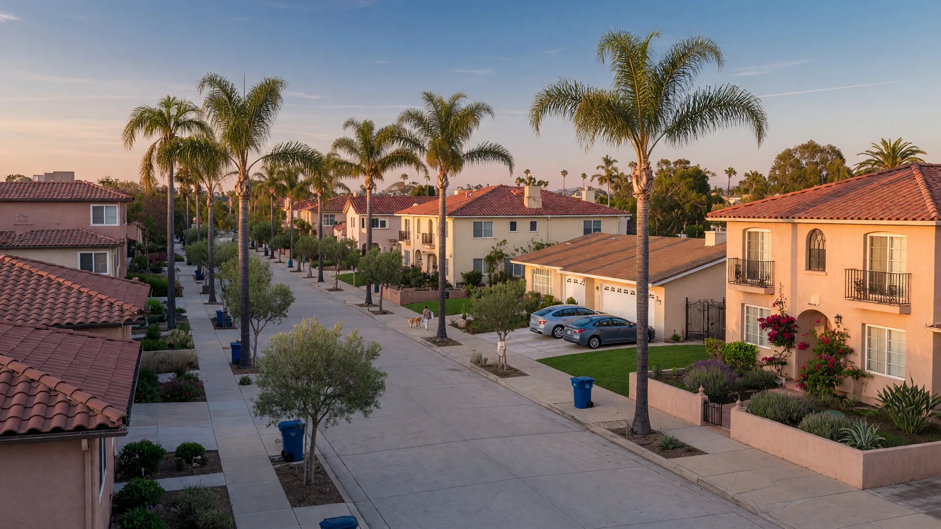San Diego residential neighborhood at golden hour with homes and palm trees