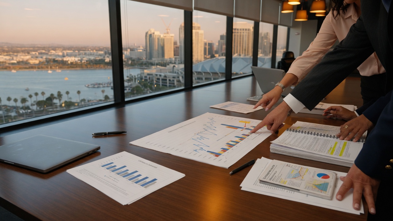 Professional investment meeting reviewing financial documents