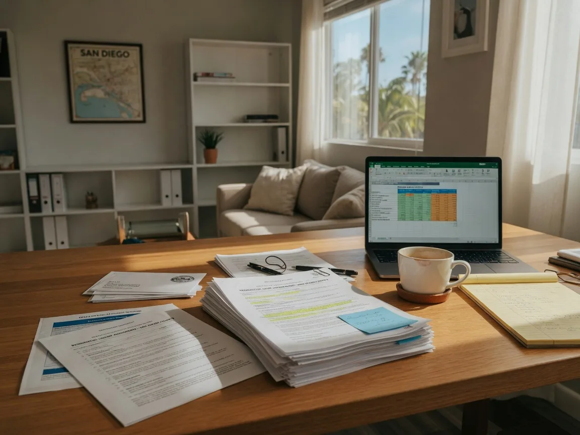 Financial planning documents and lease agreements on a desk with a laptop showing rental market data
