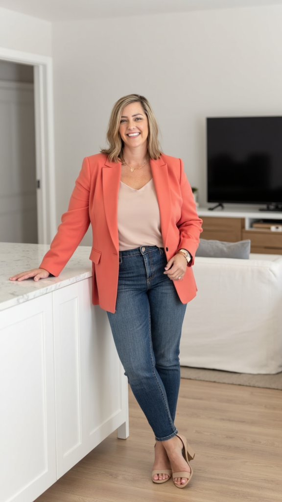 Nikki Shelley Nail in a coral blazer leaning against a kitchen island