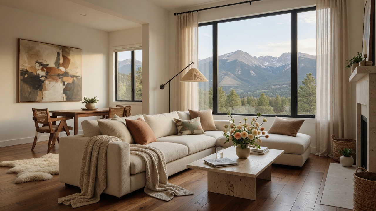 Beautifully staged Colorado Springs living room with mountain views through large windows