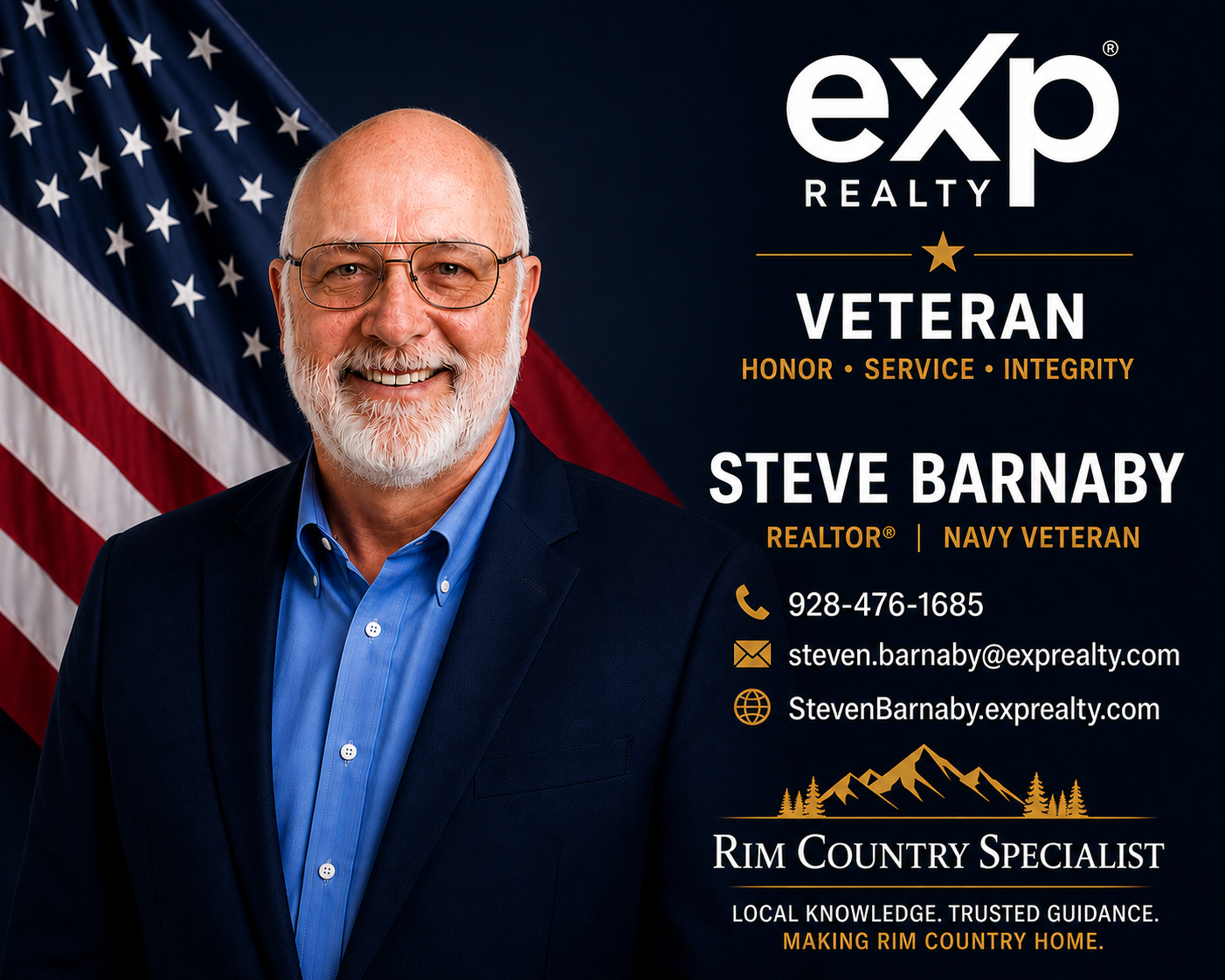 Steven Barnaby professional headshot in front of an American flag, wearing a blue shirt and dark blazer