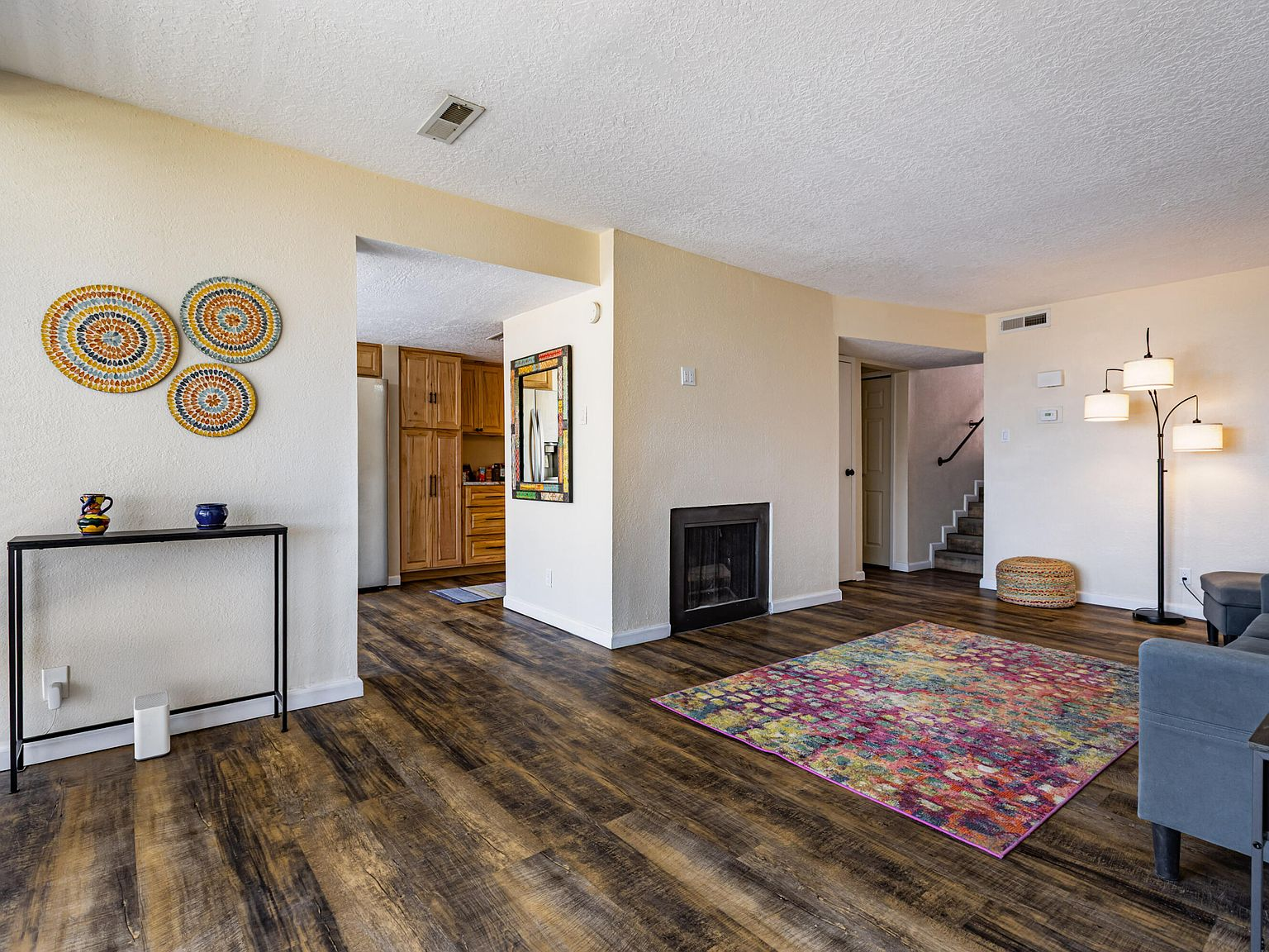 Living room with wood-burning fireplace