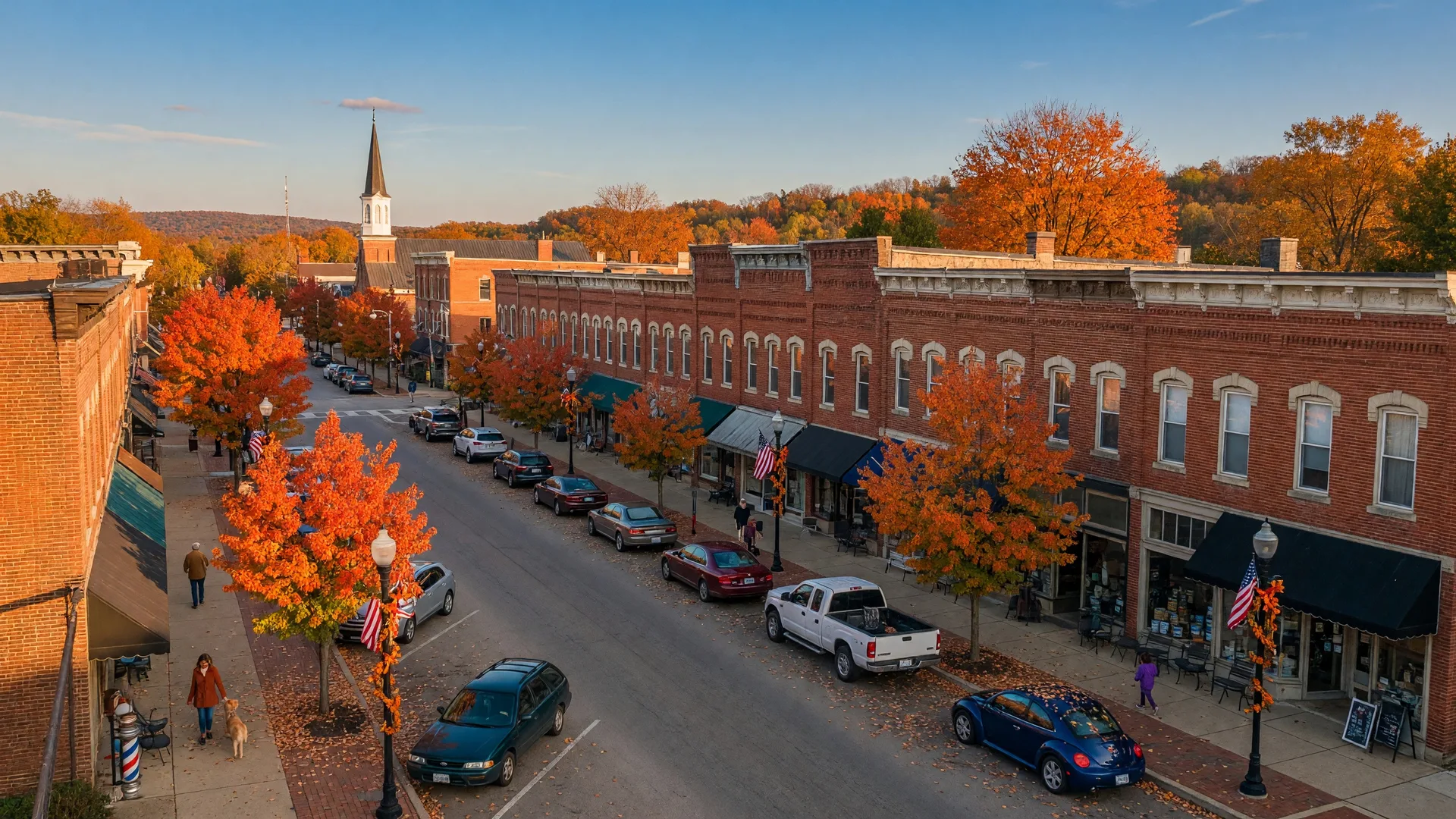 Charming small-town main street in Northeast Ohio with autumn foliage