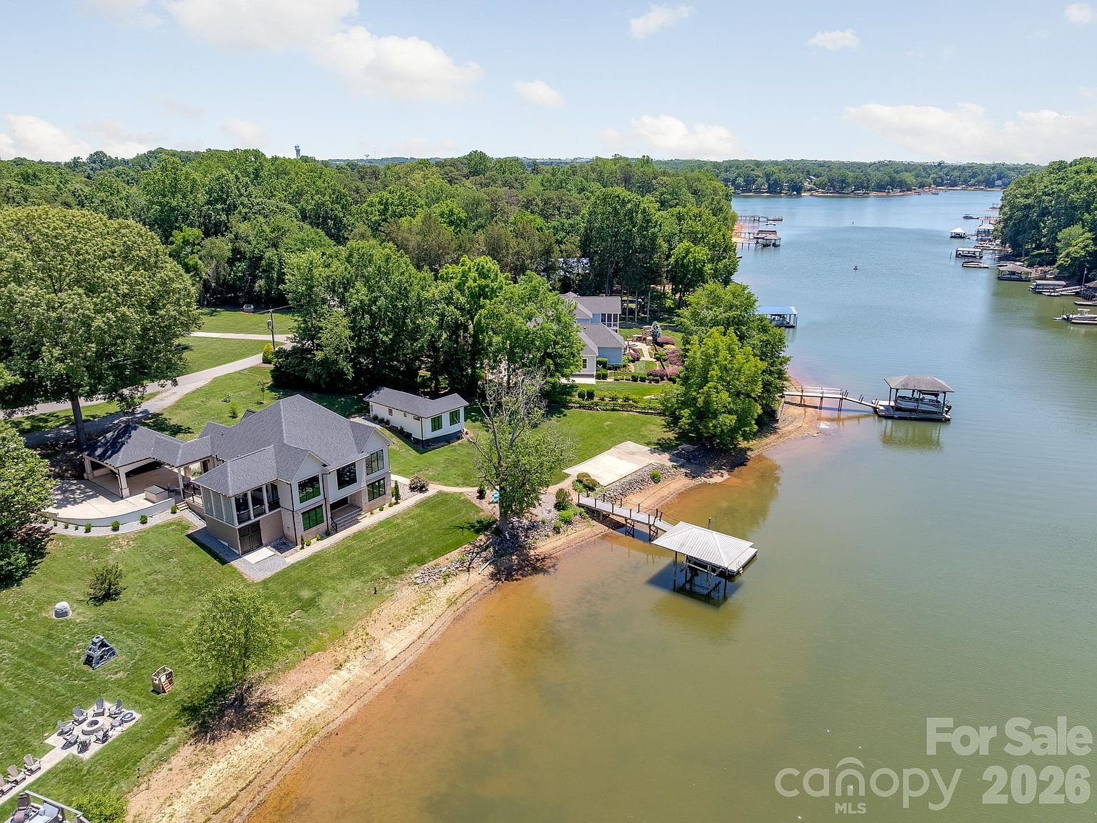 Aerial view of 445 Sundown Rd waterfront estate on Lake Norman