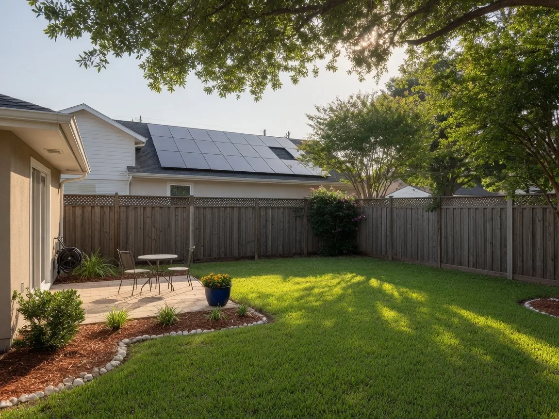 Fully fenced backyard of a modern Pasadena home with solar panels visible on the roof