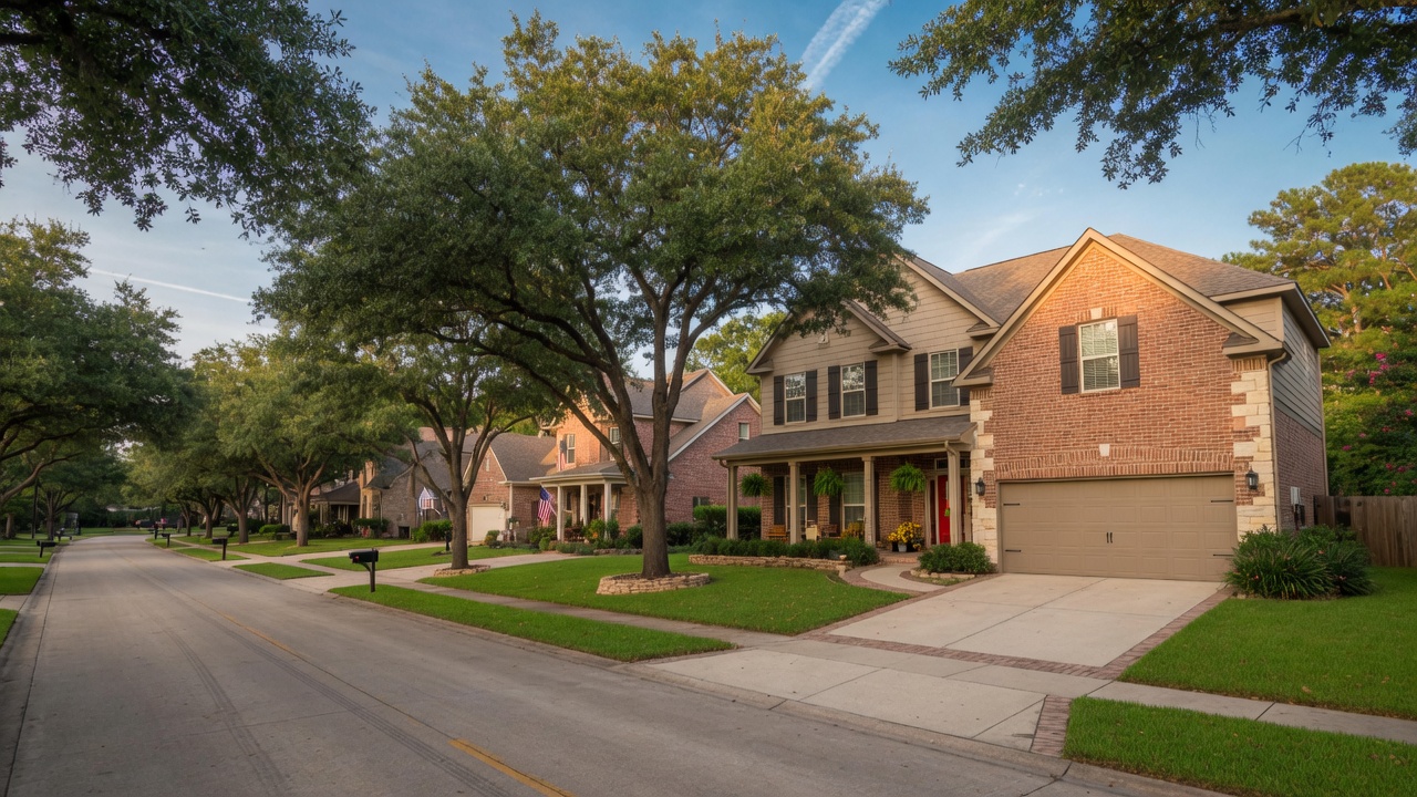 A tree-lined suburban street in the Lake Houston area with well-maintained homes and green lawns