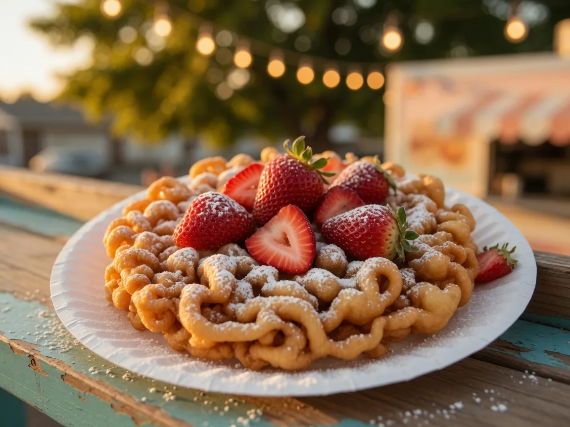 Gourmet funnel cake with fresh strawberries and powdered sugar at a local food truck