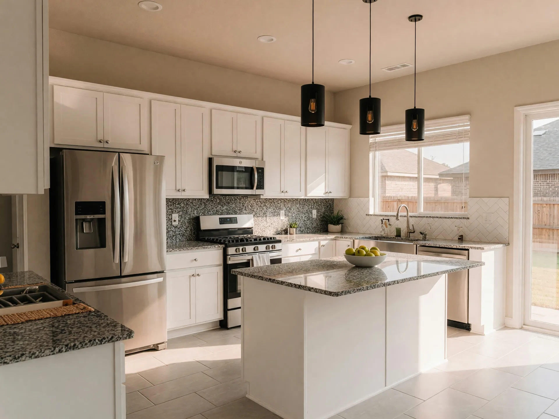 Bright modern kitchen with white cabinetry, granite countertops, center island with pendant lighting, and stainless steel appliances