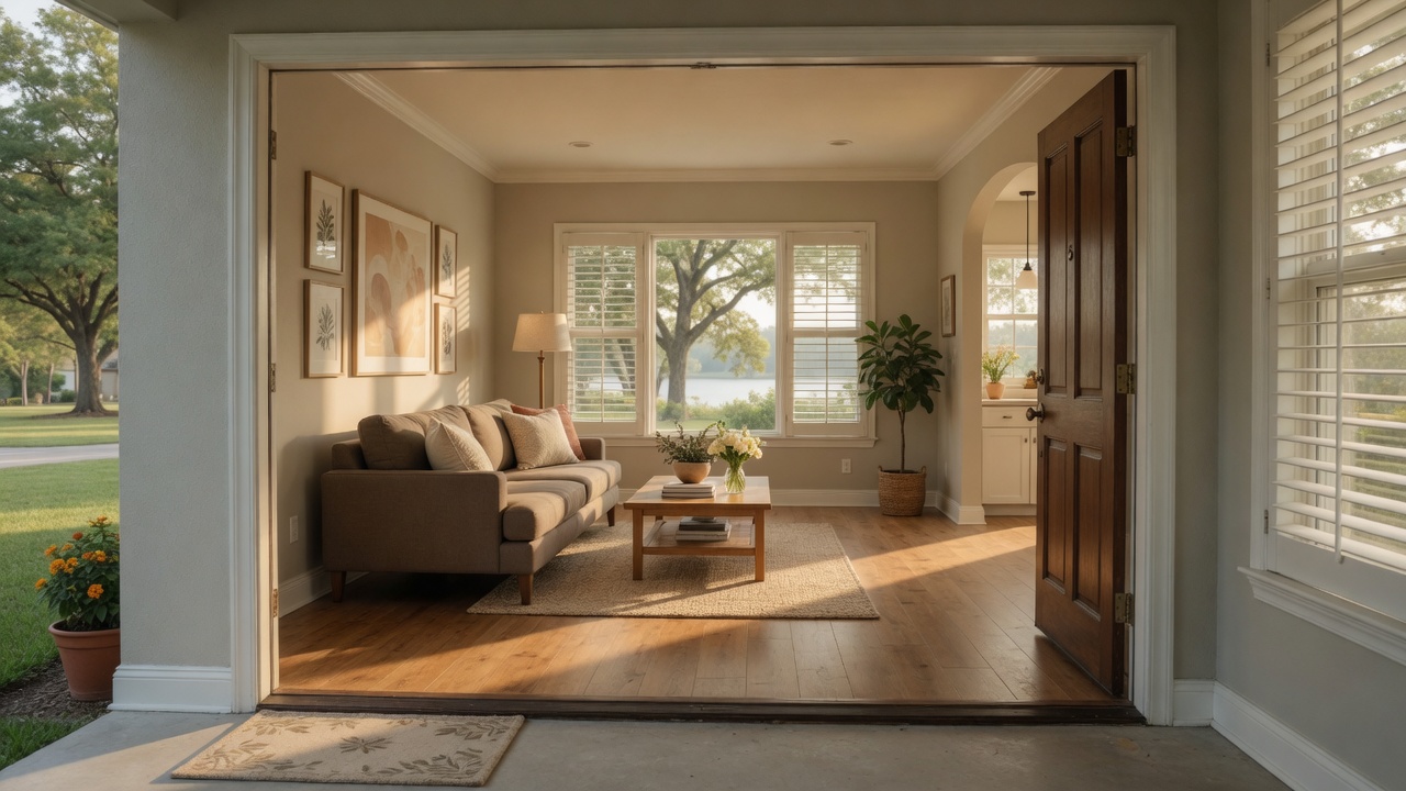 A sunlit living room in a Lake Houston area home, seen through an open front door, a fresh start for a homeowner in transition