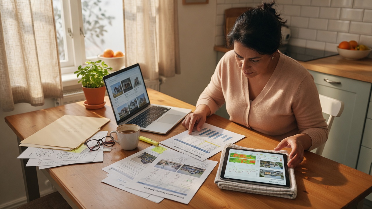 Person reviewing home valuation documents and data at kitchen table