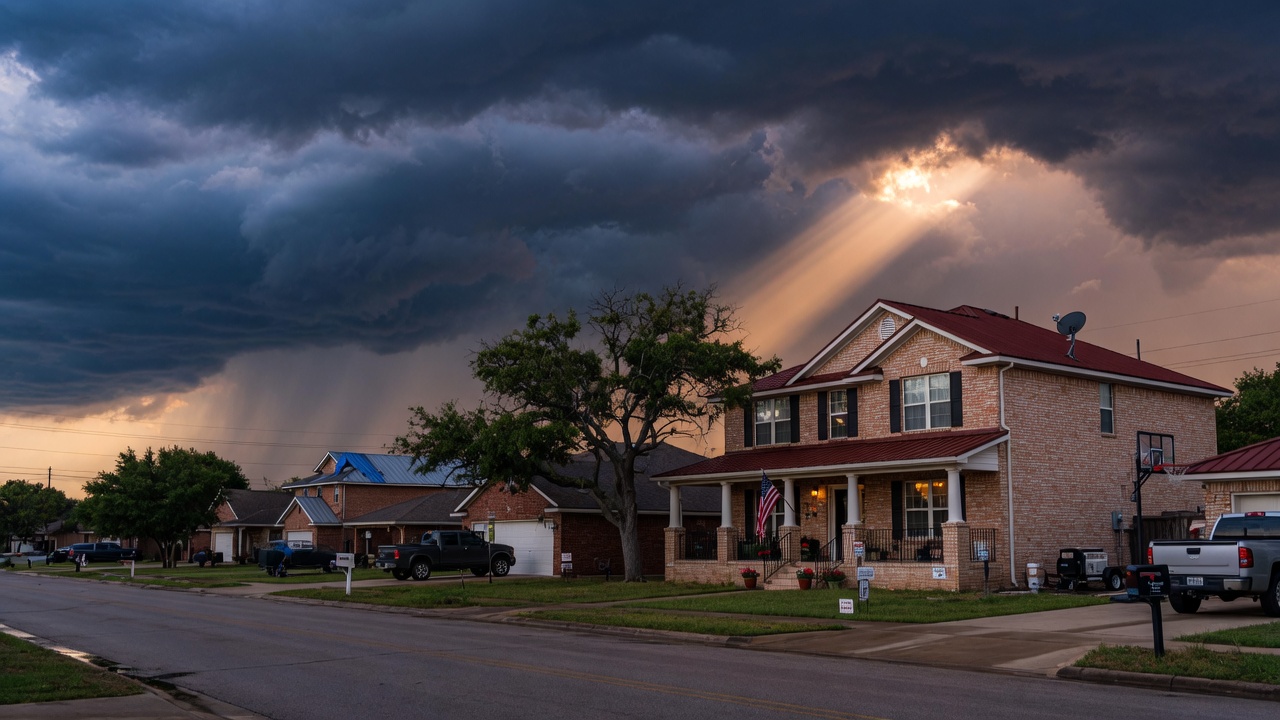 Texas home under dramatic storm clouds representing insurance risk