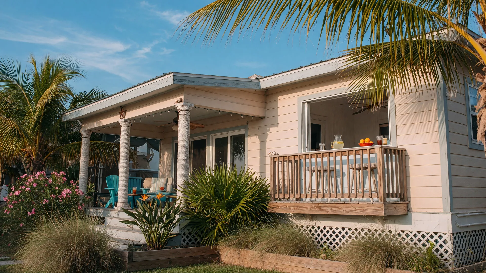 A single-story coastal home with a balcony and covered patio in a quiet beach community on Galveston Island