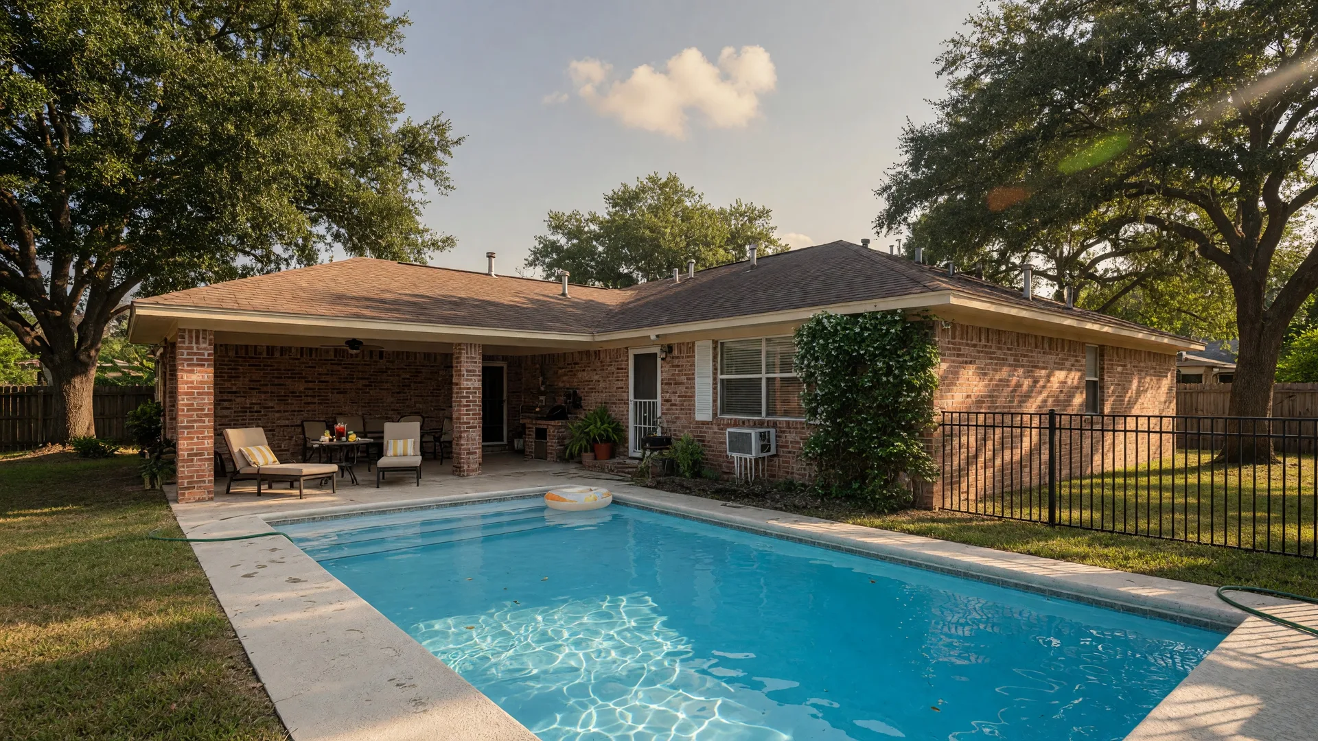 Aerial view of a single-story brick home with a private swimming pool in Houston, Texas
