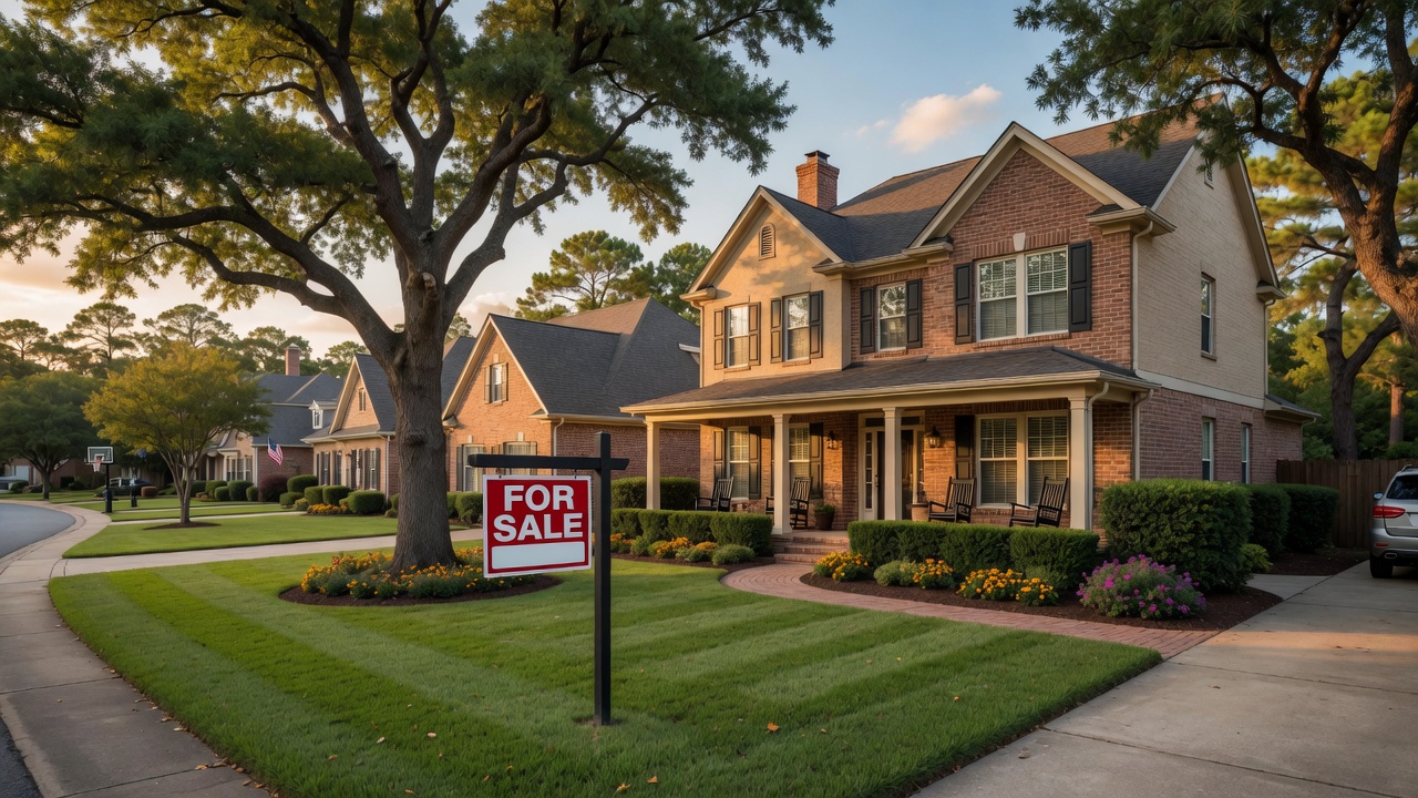 Texas home with For Sale sign and family walking the neighborhood