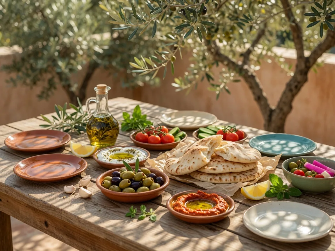 Mediterranean mezze spread with colorful small plates and fresh pita bread