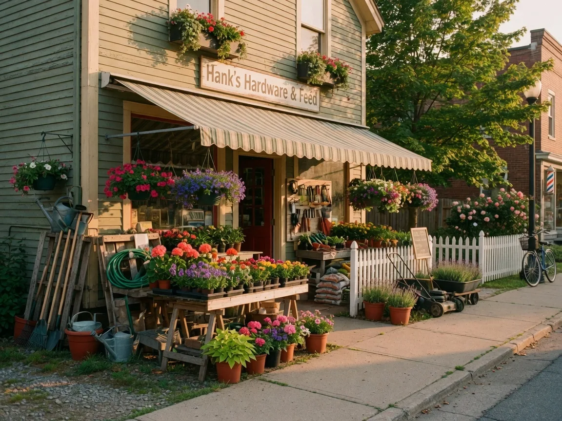 Local hardware store garden center with potted plants and flowers