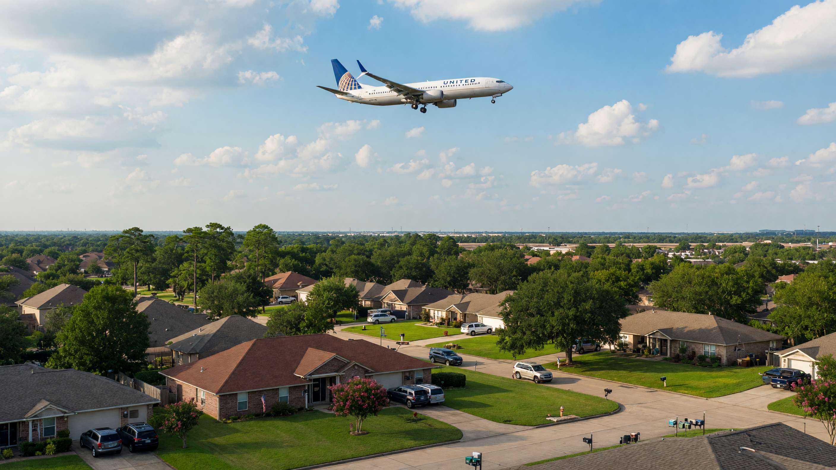 A suburban neighborhood in the Lake Houston area during spring, with blooming trees and green lawns