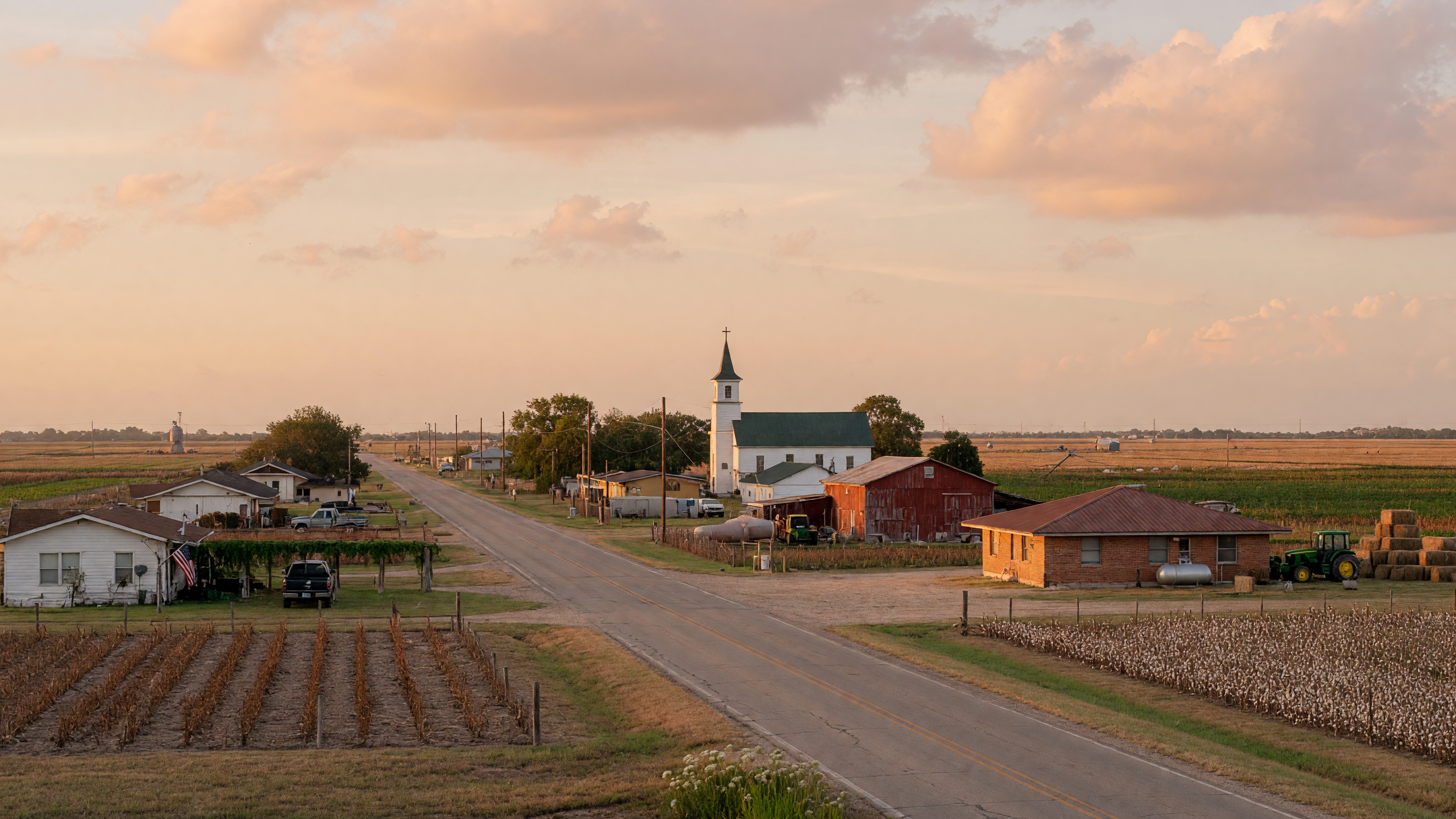 Small-town landscape in Crosby, Texas with open fields