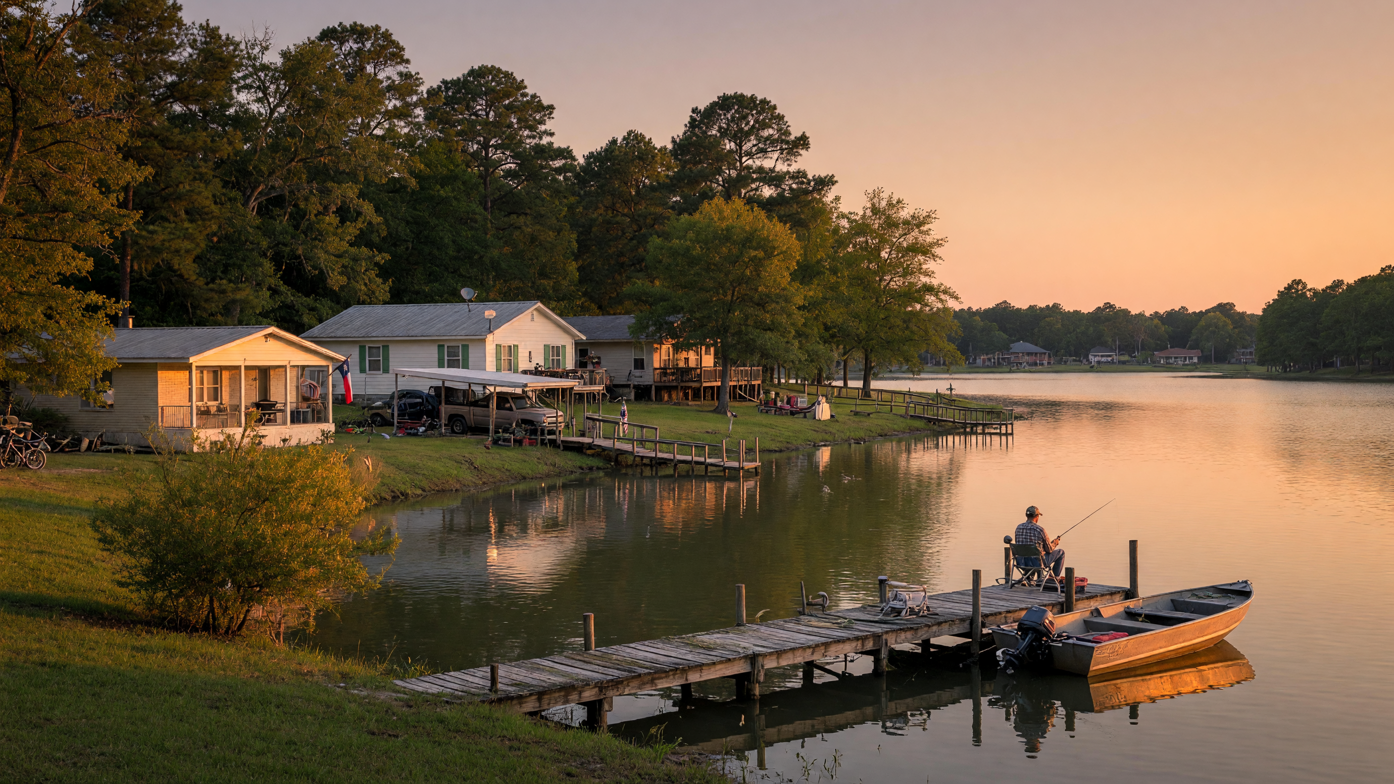 Rural Texas landscape with newer homes near New Caney