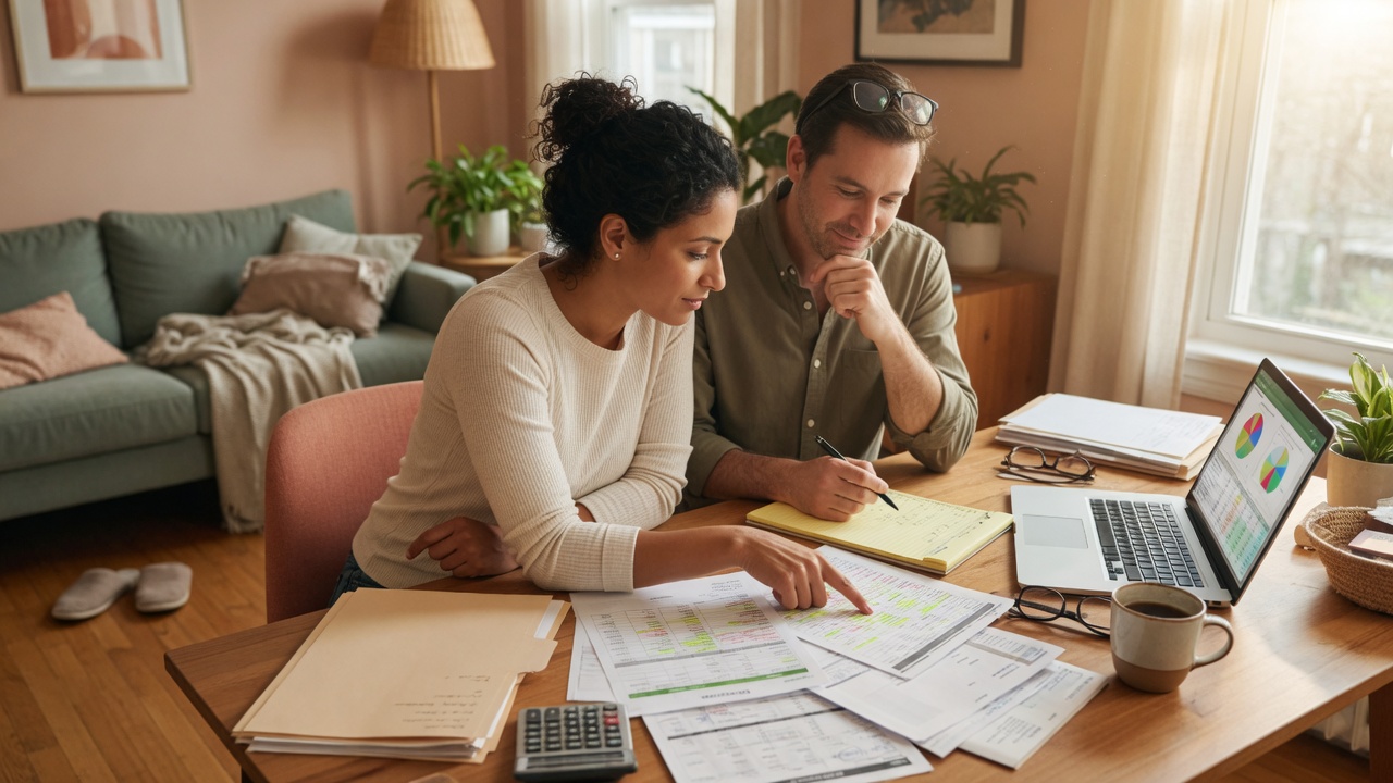 Person reviewing finances and budget on laptop in comfortable living room