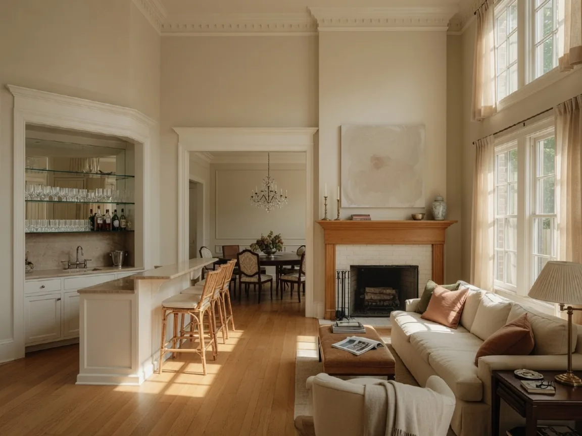 An open-concept living room with a fireplace, wet bar, and high ceilings, representing the main living area at 17915 Mossforest Drive