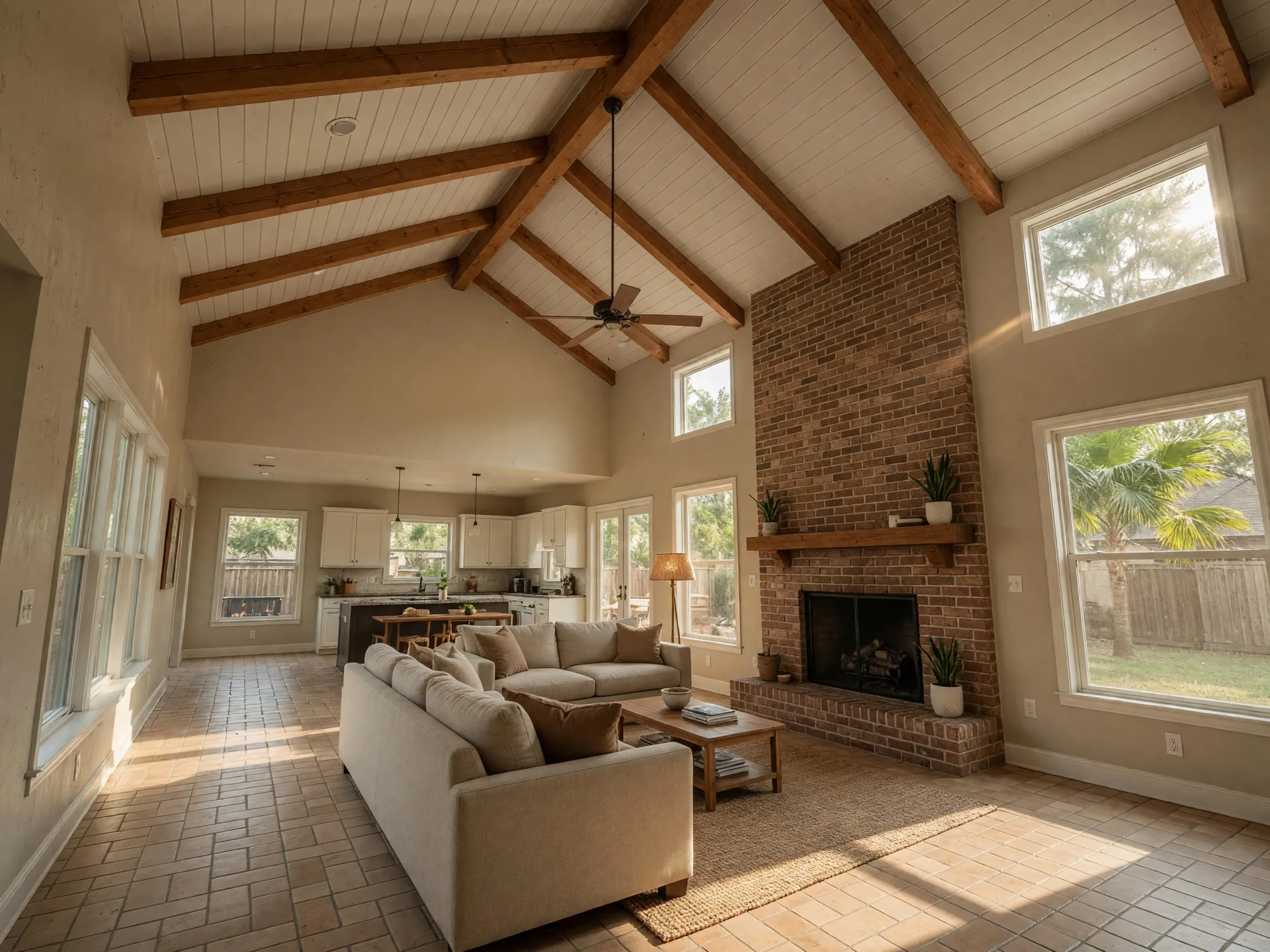 Bright living room with high vaulted ceilings, exposed beams, a brick fireplace, and large windows in a single-story Houston home