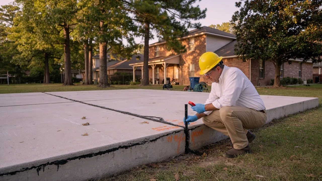 A home inspector examining the exterior foundation of a suburban Texas home with mature trees in the background
