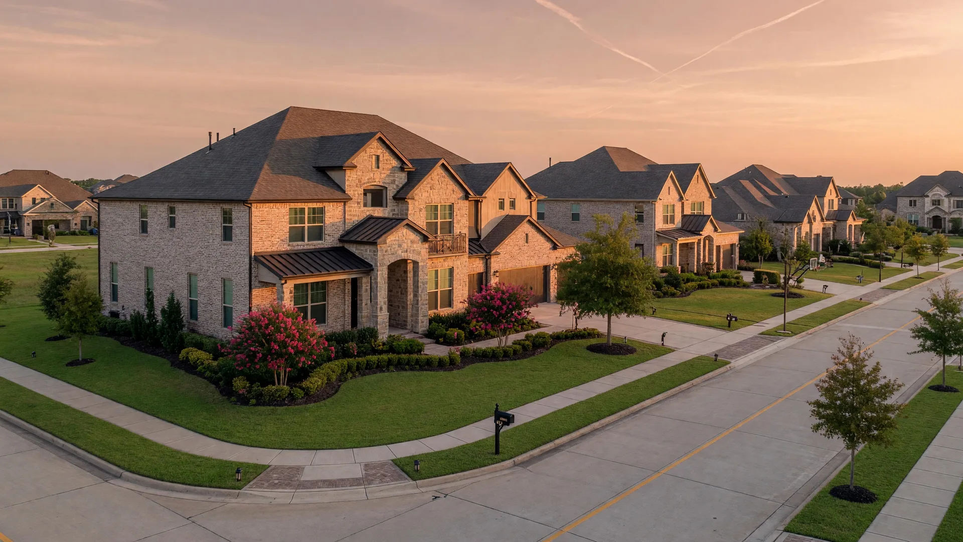 A two-story home in Ventana Lakes, Katy, on a cul-de-sac lot with stone and brick exterior and mature landscaping