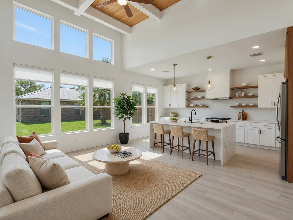 Open-concept living area in a modern 2021 Pasadena home with kitchen island and natural light