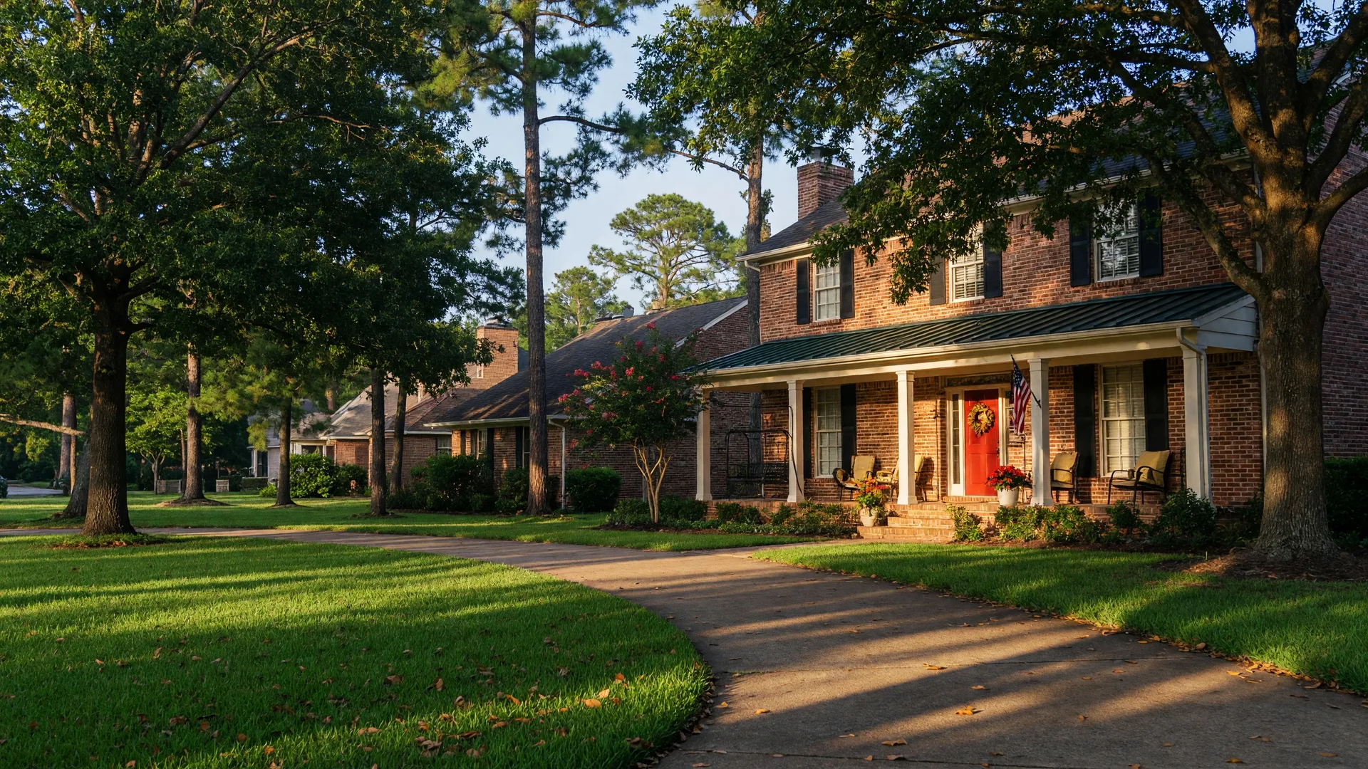 A well-maintained suburban home in the Lake Houston area on a bright summer morning, with mature trees framing the property