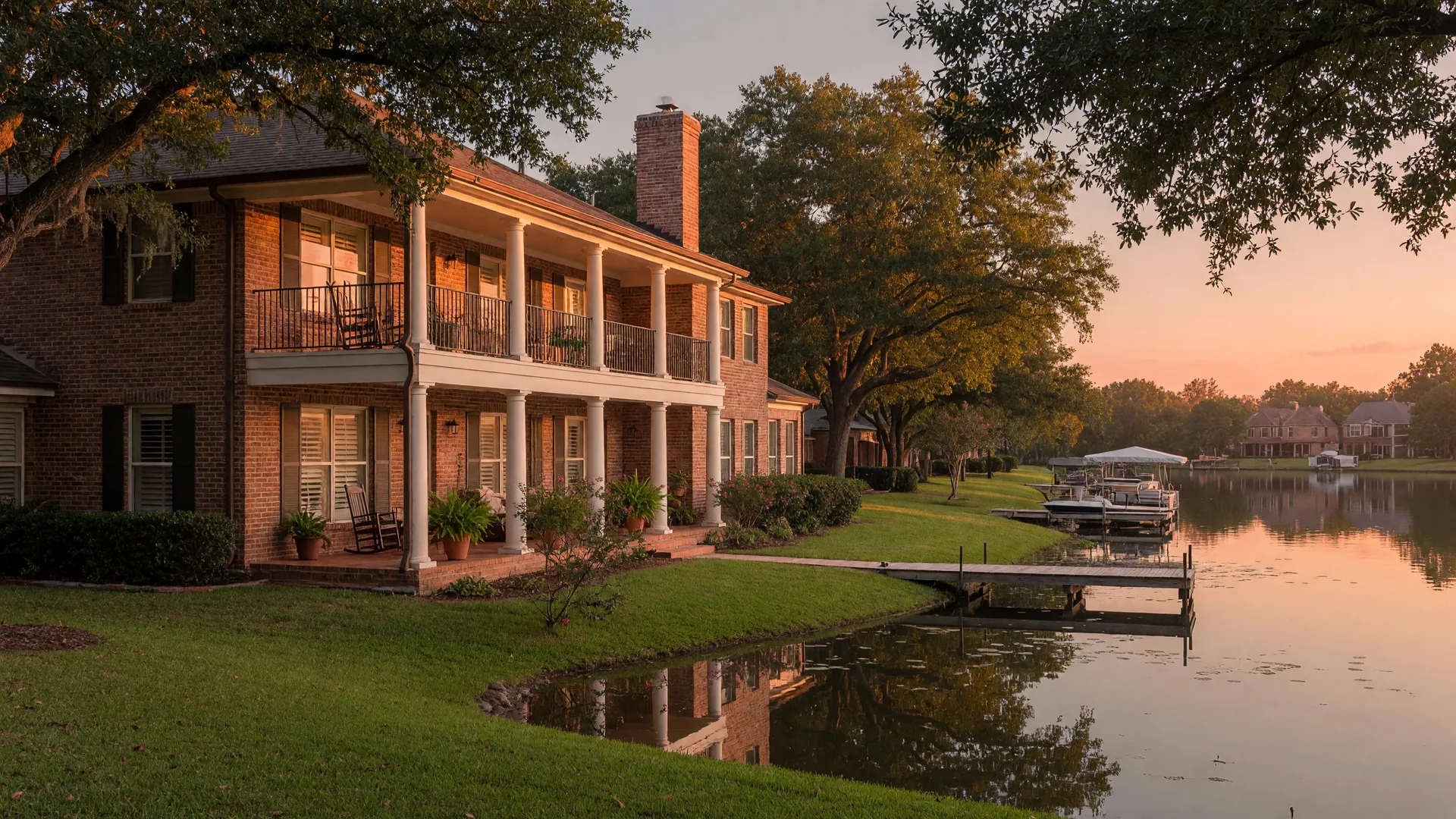 Waterfront community in League City, Texas with a lakeside view and mature trees