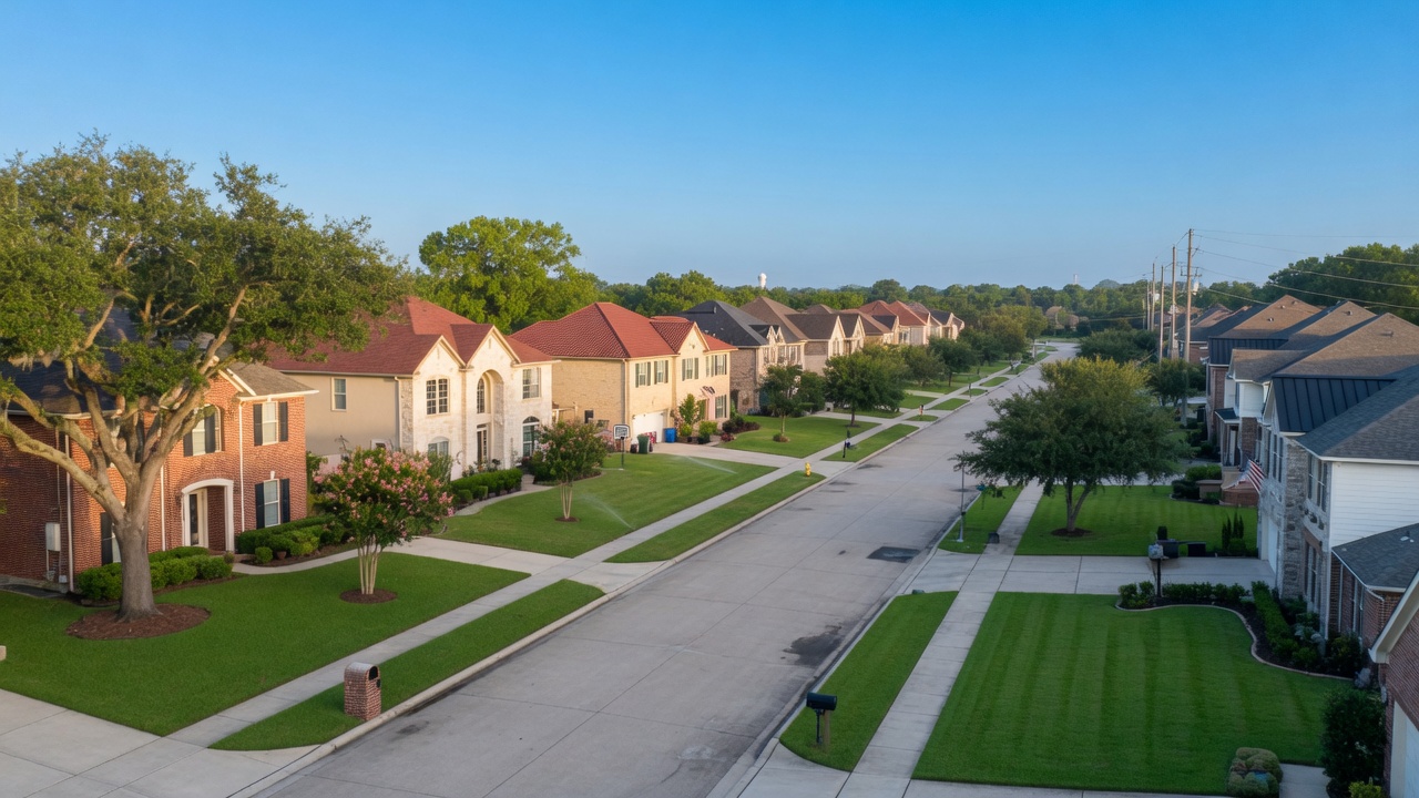 Tree-lined Lake Houston area neighborhood with mature oaks