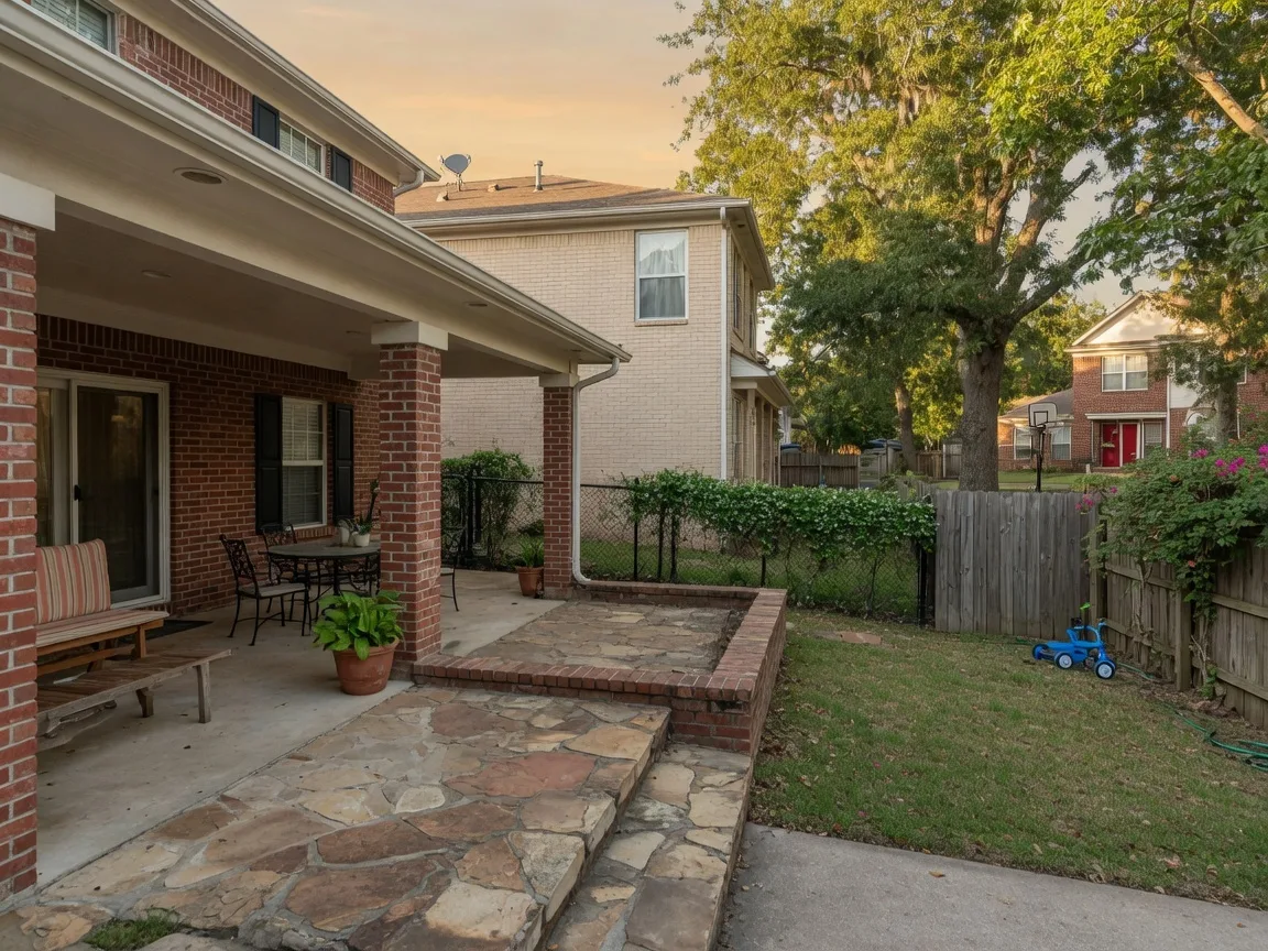 Covered patio overlooking a landscaped backyard at 2727 S Southern Oaks Drive