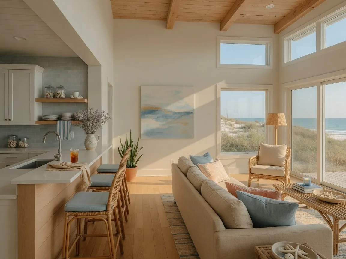 An open-concept living area with a breakfast bar, natural light, and coastal decor in a single-story beach home on Galveston Island