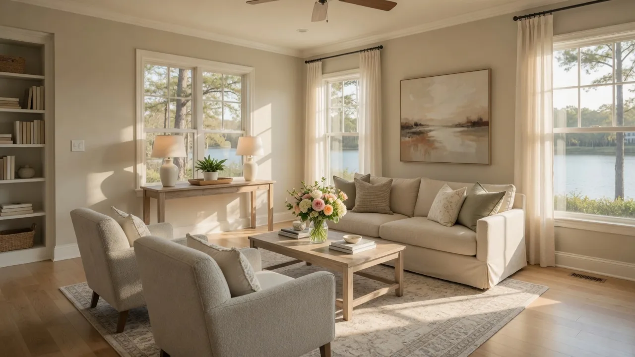 A beautifully staged living room in a NE Houston area home with neutral tones, natural light, and inviting decor