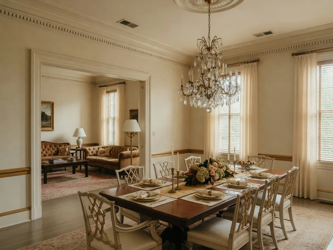 A spacious formal dining room with crown molding, high ceilings, and a chandelier, representing the formal dining feature at 17915 Mossforest Drive