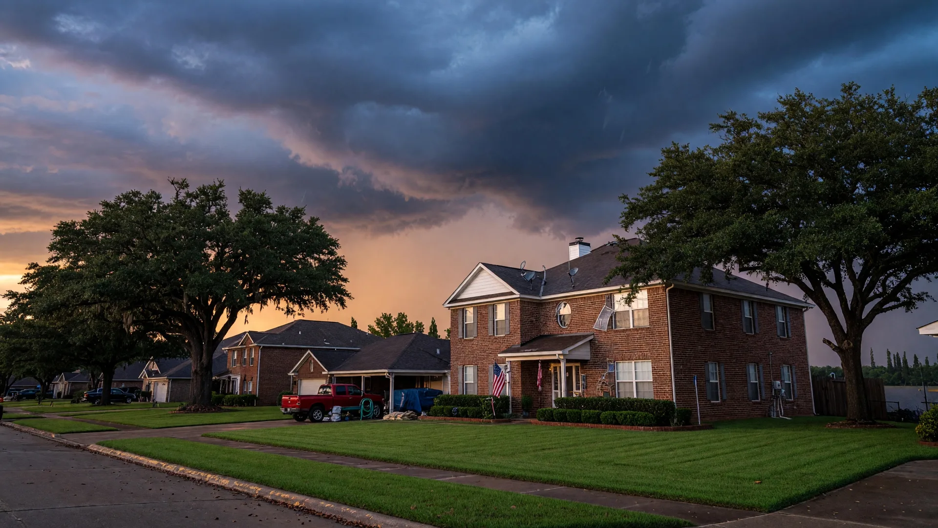 A well-maintained suburban home in the Greater Houston area with dramatic storm clouds rolling in over tree-lined streets