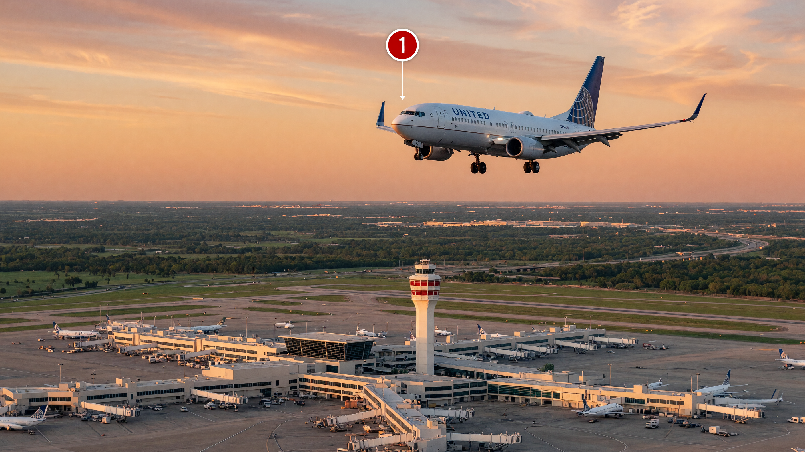 United Airlines airplane on approach to IAH airport at golden hour