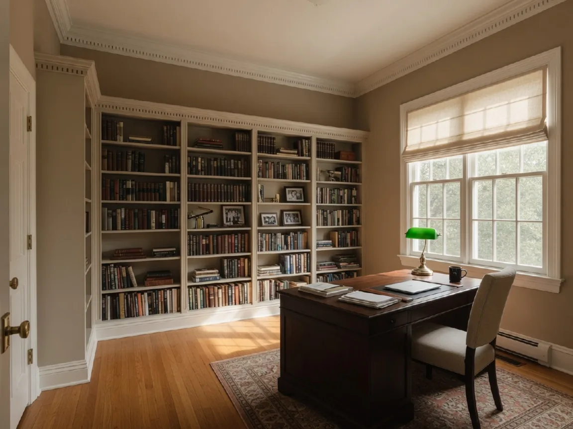 Private home office with built-in shelving and natural light at 2727 S Southern Oaks Drive