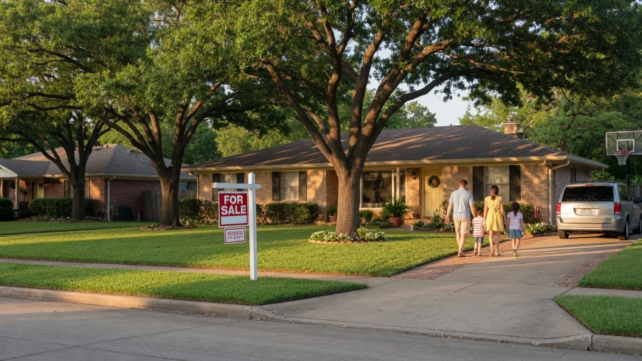 A suburban NE Houston area home with a For Sale sign, mature oak trees, and a family approaching the front door on a warm summer afternoon