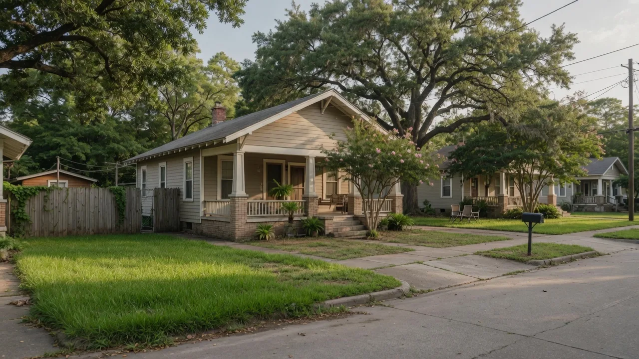 Tree-lined residential street in the Brooke Smith neighborhood of Houston with historic bungalows and mature shade trees