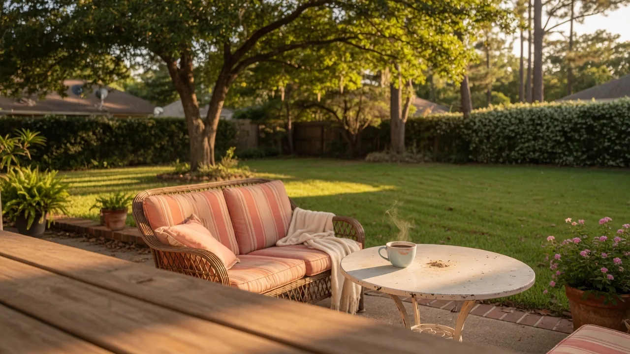 A peaceful backyard patio in a Lake Houston area home