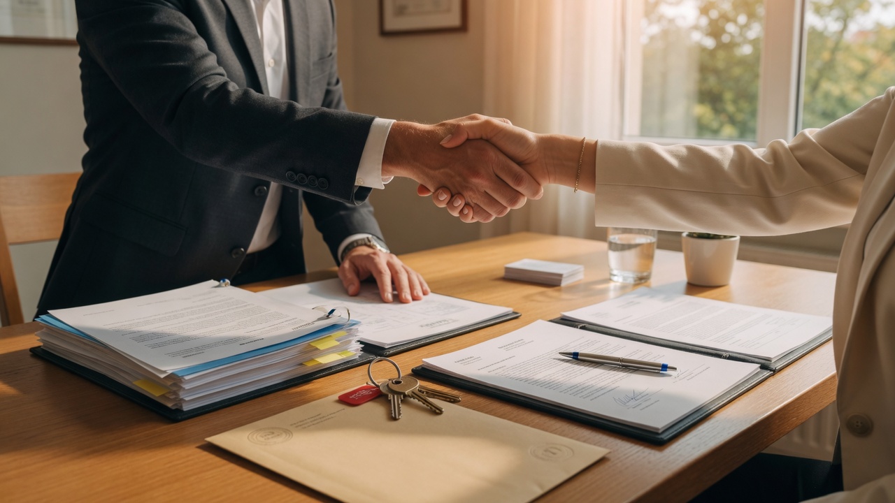 Handshake and house keys at real estate closing table