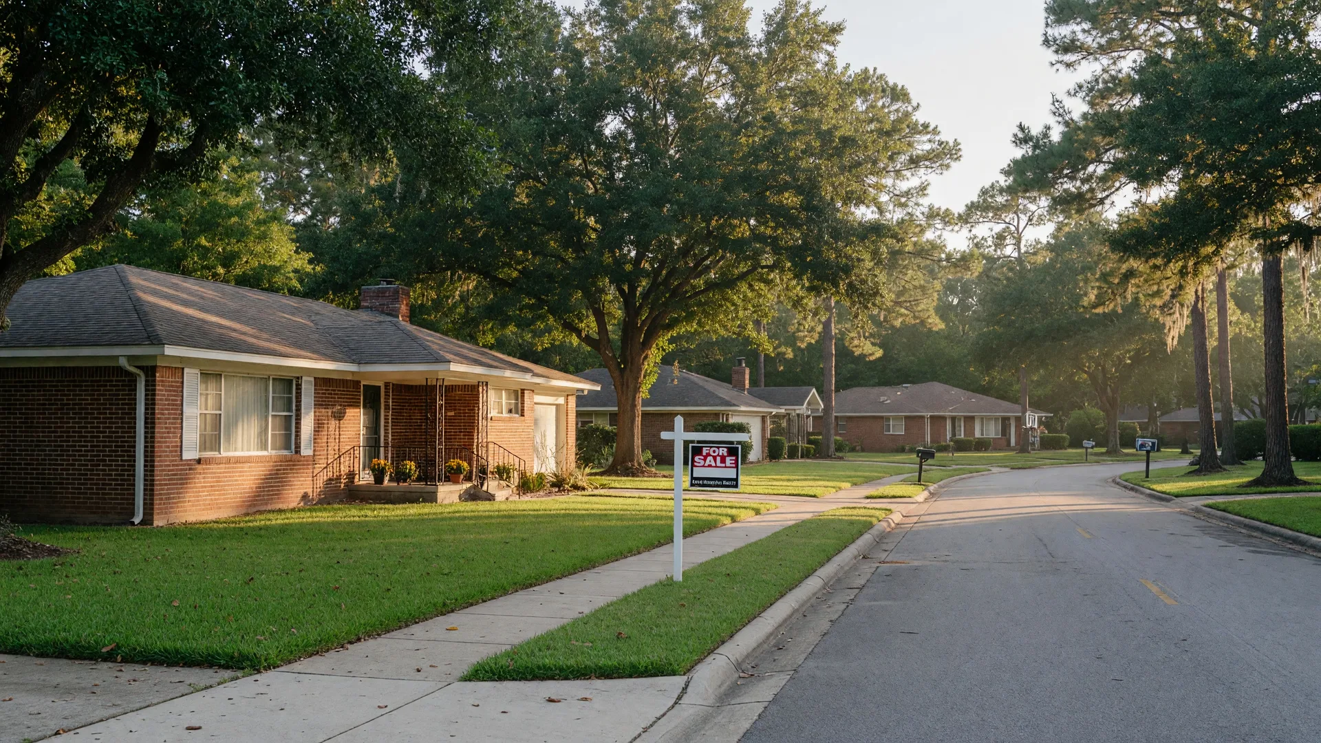A quiet suburban street in the NE Houston area with brick homes, mature oak trees, and a For Sale sign on a bright summer morning
