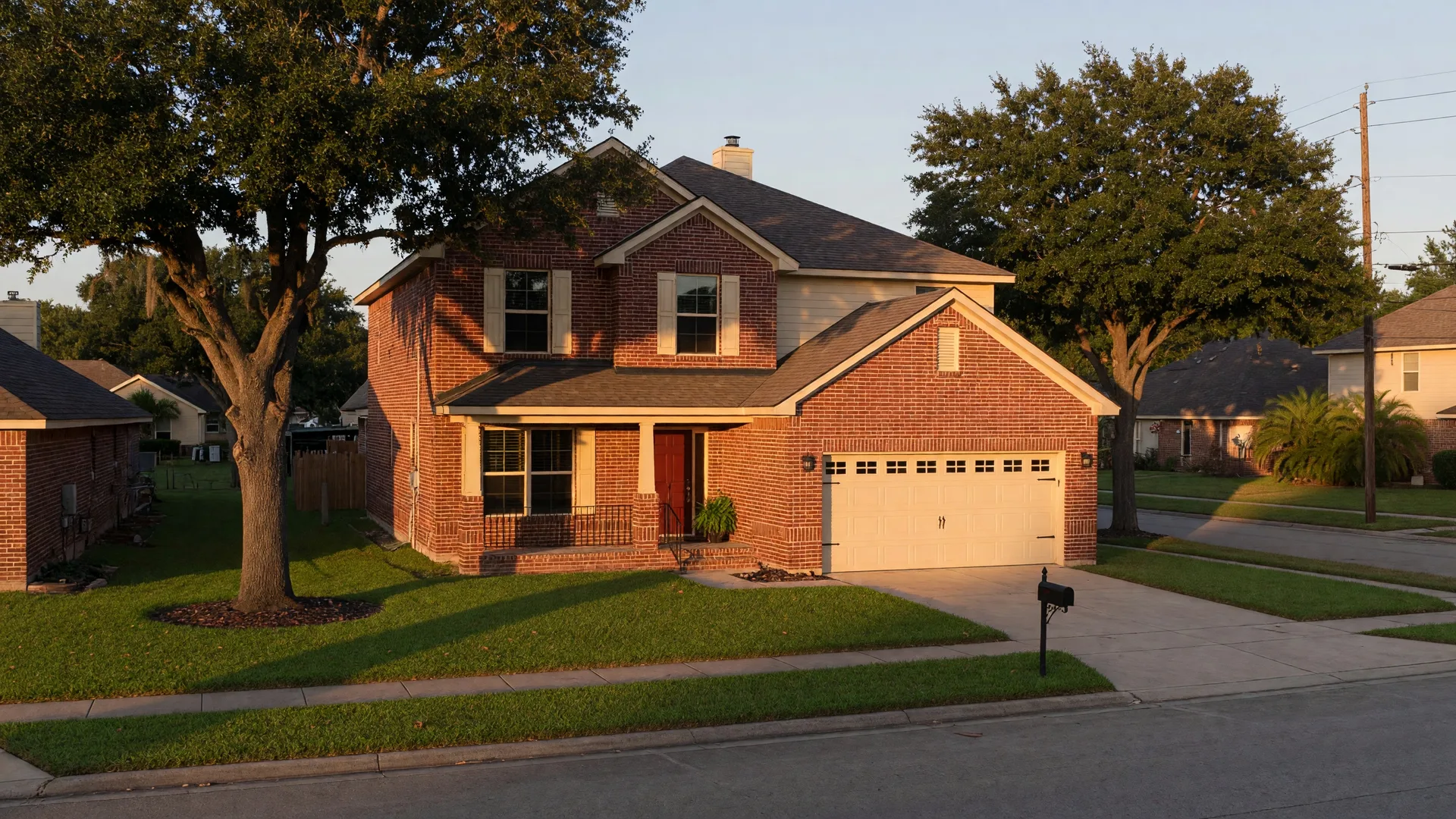 Brick front exterior of a modern two-story home in Baytown, Texas, featuring warm red brick facade with cream trim and mature landscaping