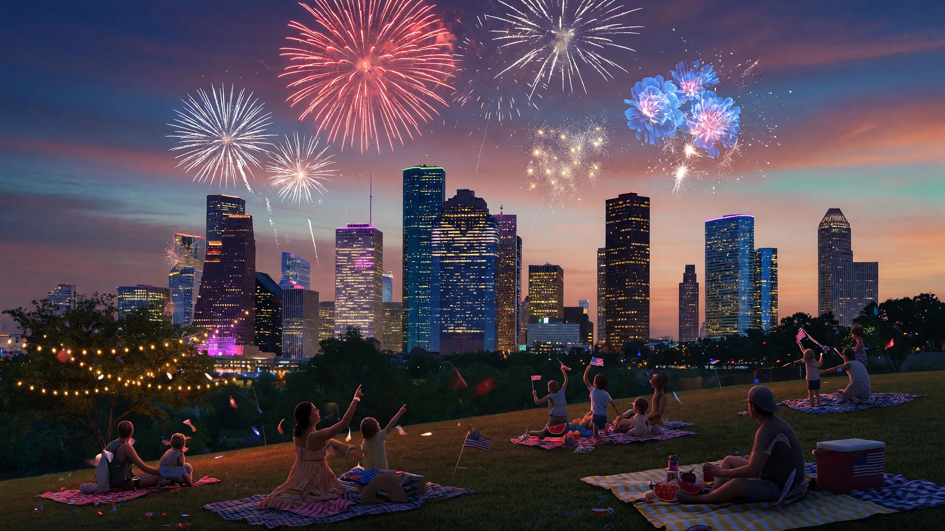 Fireworks over the Houston skyline at dusk with families gathered on a grassy park
