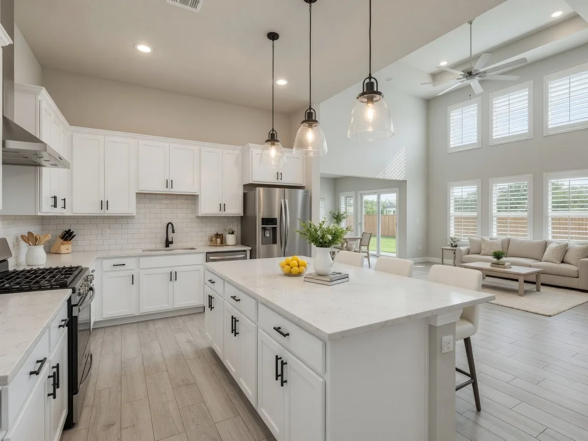Updated kitchen with island, quartz countertops, and stainless steel appliances in a single-story Crosby home