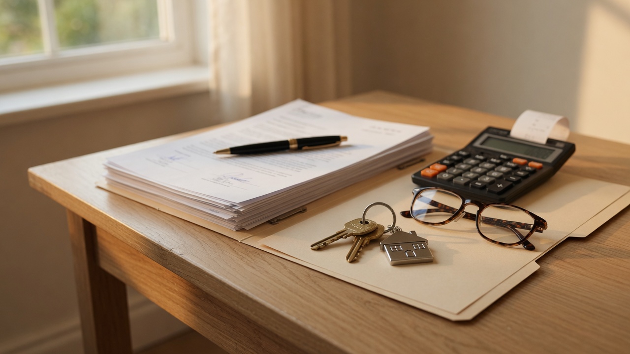 A closing table with house keys, documents, and a calculator — the moment Lake Houston area buyers bring it all together