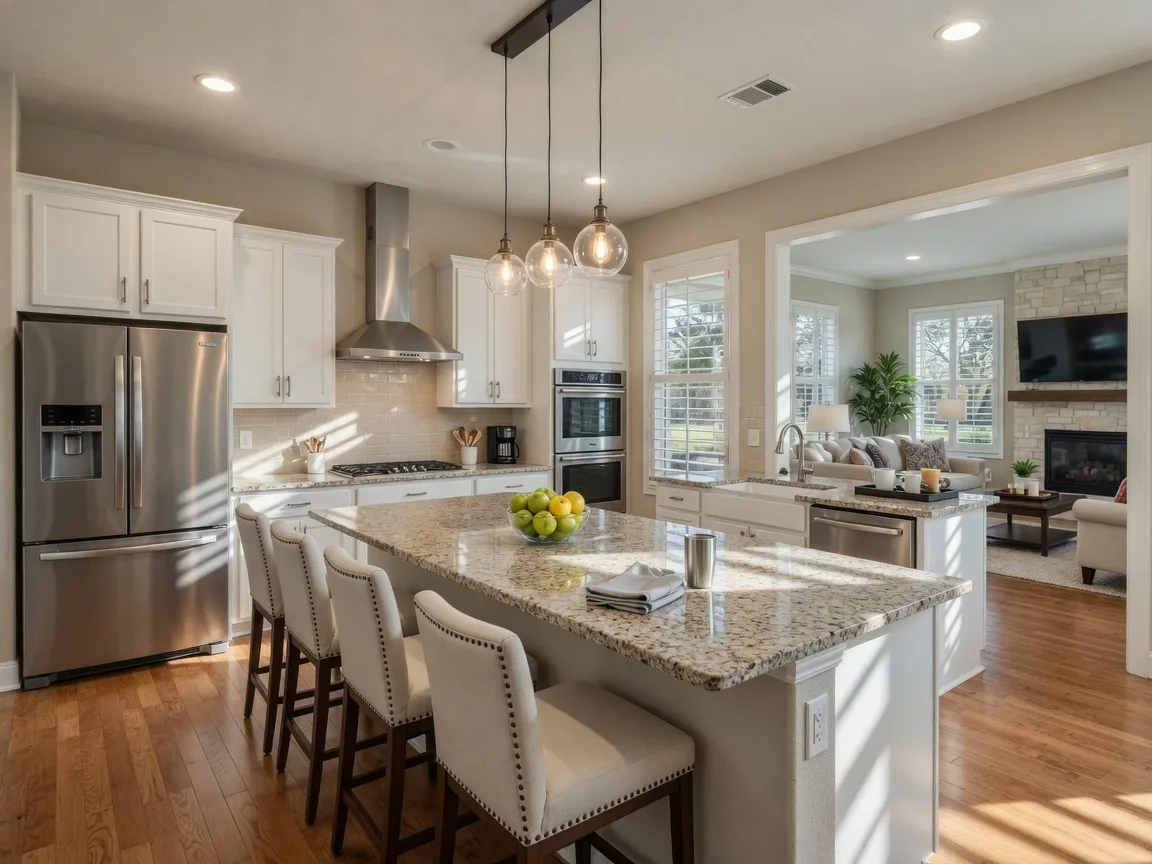Open-concept kitchen with breakfast bar and natural light in a The Woodlands home